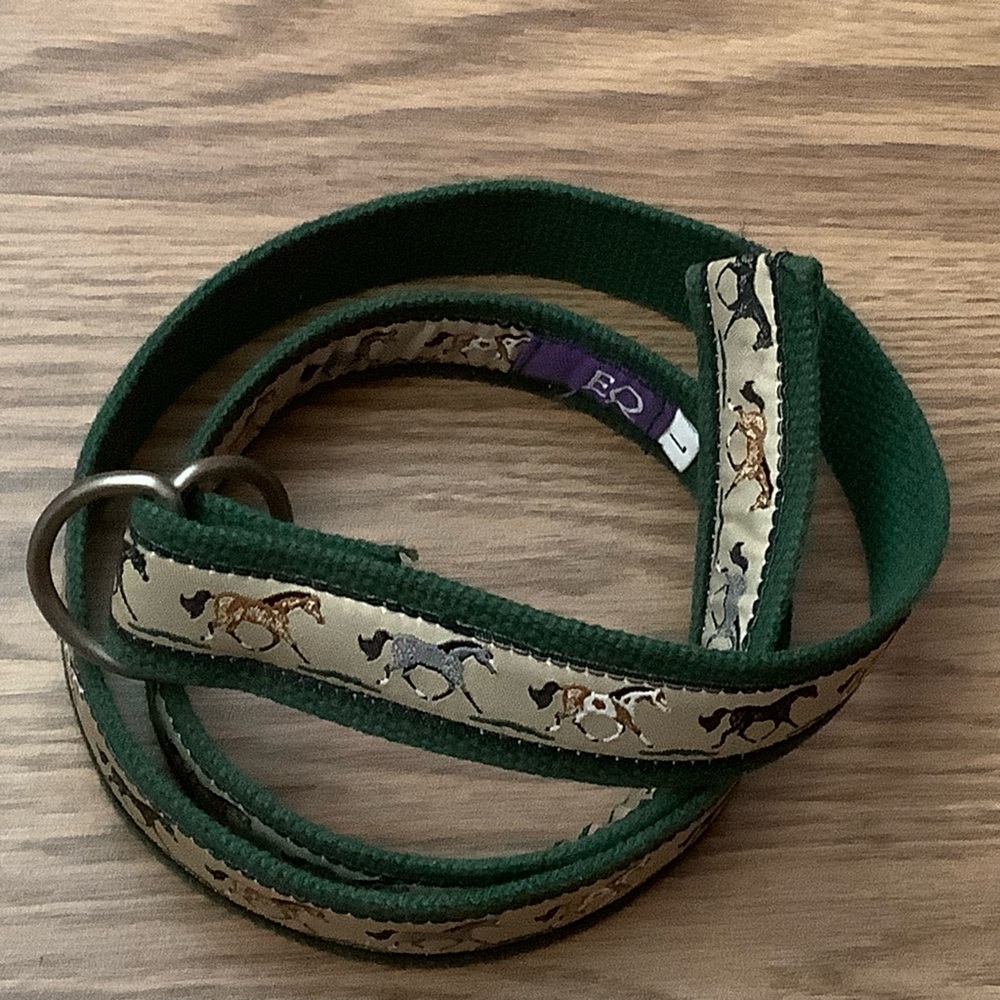EQ Equestrian D-Ring Belt Women Size L Horses Fabric Green Beige 42.5” Long - Picture 2 of 7